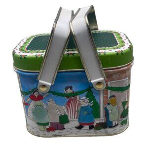 vtg bristol ware tin Christmas shop scenes garland people wreath holly READ